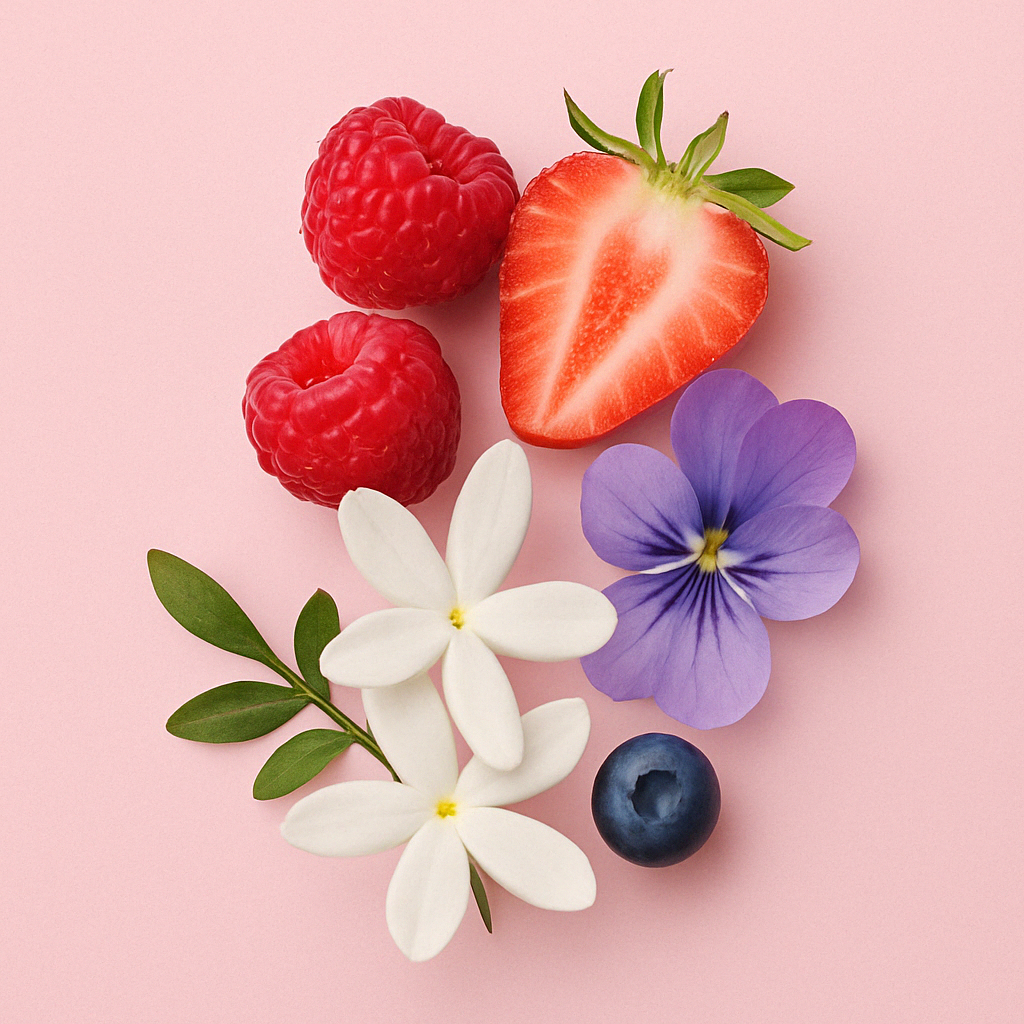 Frutta e fiori assortiti su sfondo rosa, con una fragola tagliata a metà, lamponi, un mirtillo, fiori di gelsomino e una viola.