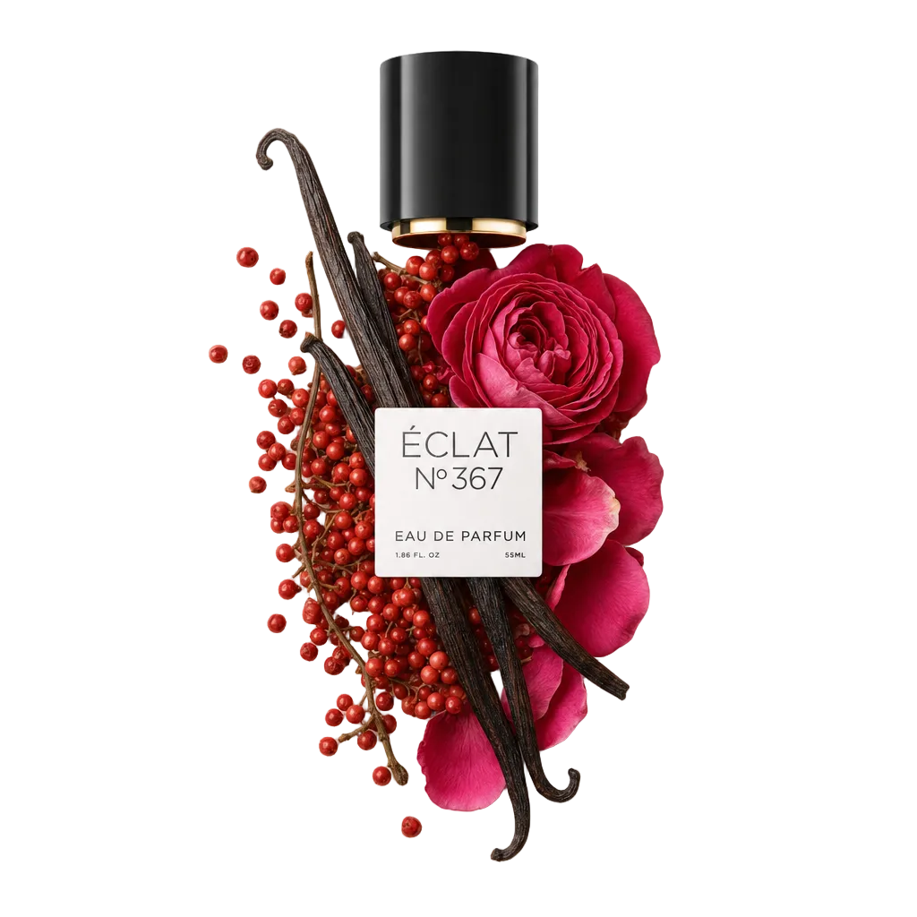 Una composizione di bacche rosse, petali rosa e baccelli di vaniglia, con un tappo nero ÉCLAT con etichetta.