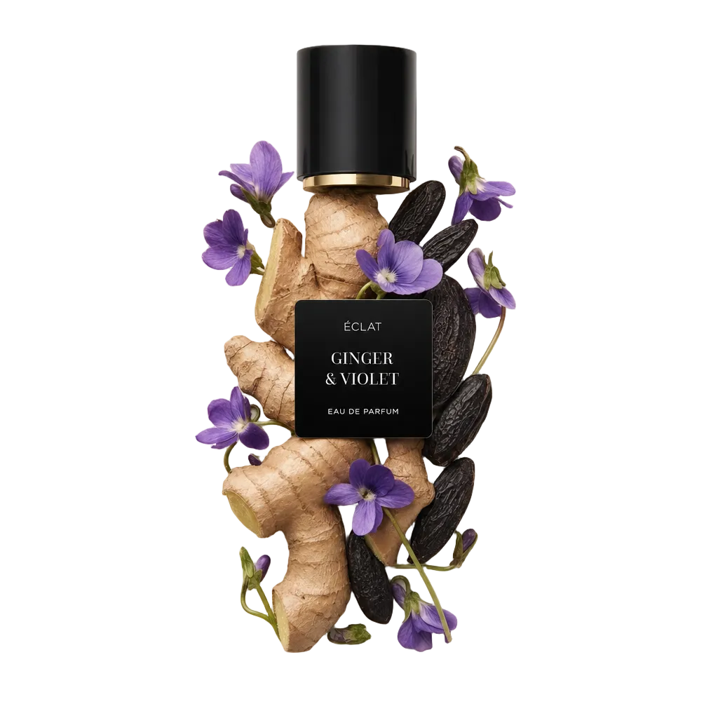 Una composizione artigianale di radici di zenzero, fiori di violetta e fagioli tonka circonda un tappo nero con etichetta ÉCLAT Ginger & Violet.