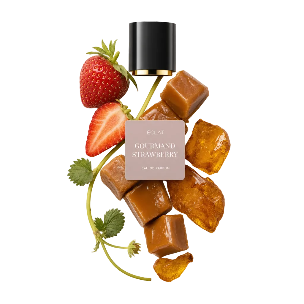 Una disposizione di cubetti di caramello, una fragola affettata con foglie e frammenti di zucchero color ambra circonda un tappo nero con etichetta ÉCLAT Gourmand Strawberry.