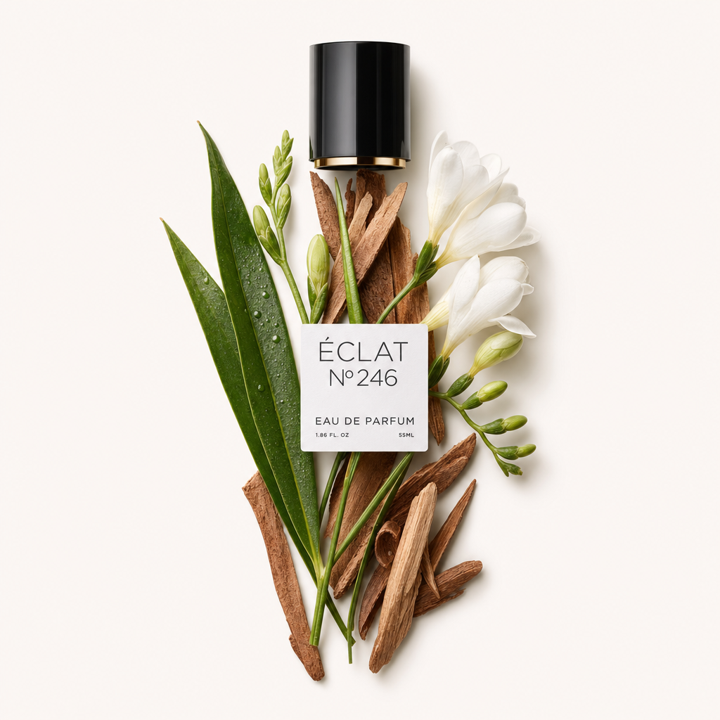 Una composizione di foglie verdi, fiori di fresia ed elementi in legno circonda un tappo nero con etichetta per ÉCLAT VIP - Green Leafs & Freesia.
