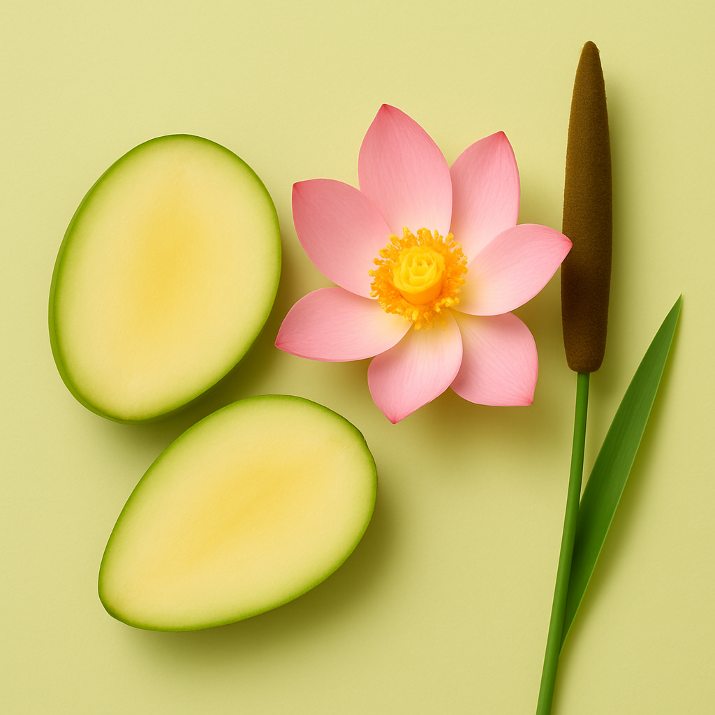 Mezza mango verde accanto a un fiore di loto rosa e una canna su sfondo verde chiaro, evocando l'essenza di ÉCLAT Green Mango & Lotus.