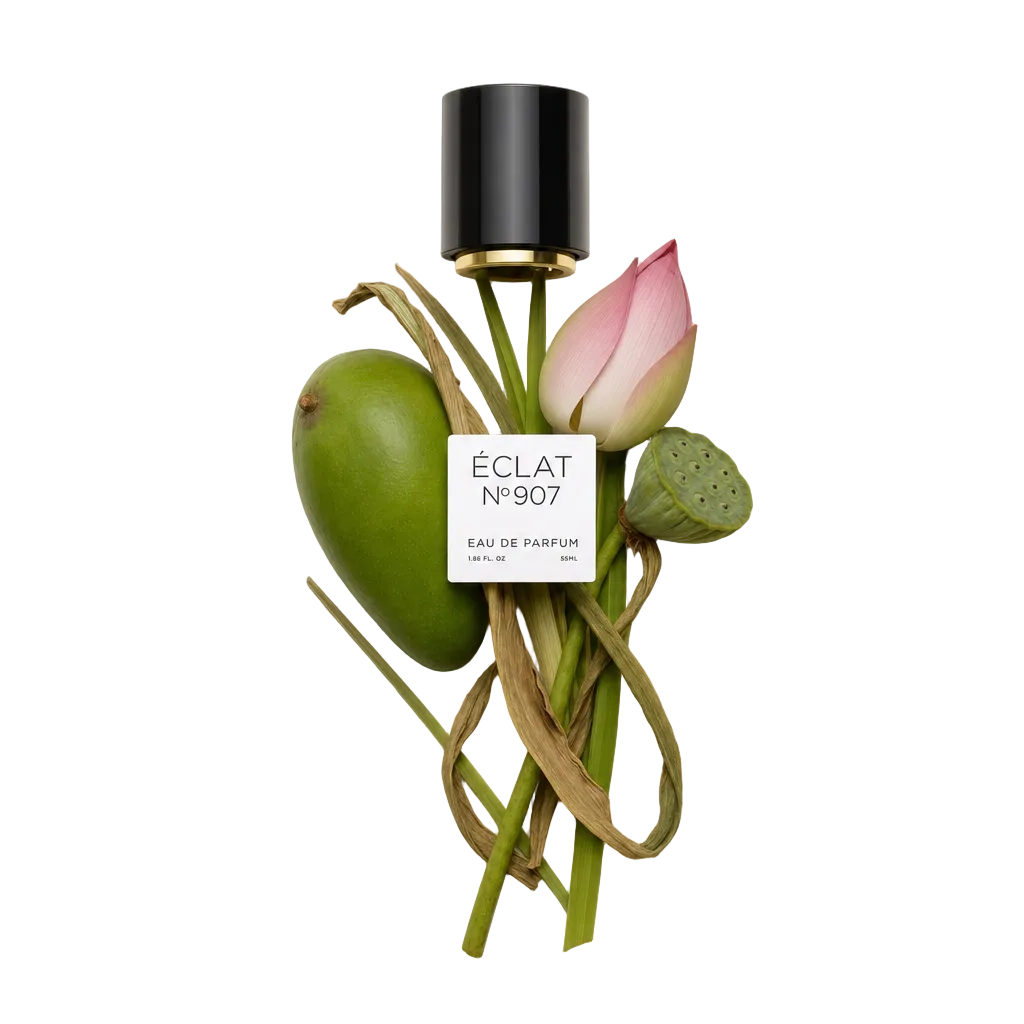 Un arrangiamento di mango verde fresco, bocciolo di loto e baccello di semi con un tappo nero etichettato ÉCLAT Green Mango & Lotus.