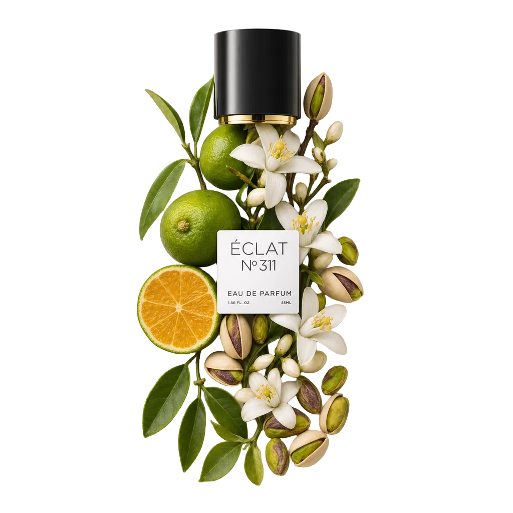 Un arrangiamento di lime, fette d'arancia, fiori bianchi e pistacchi circonda un tappo nero con etichetta ÉCLAT.