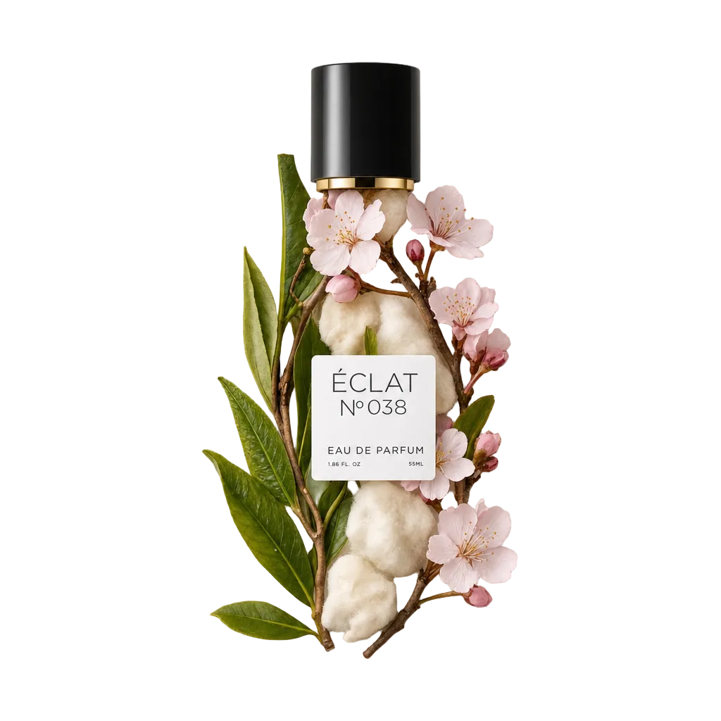Un arrangiamento di fiori di ciliegio, foglie di tè verde e cotone circonda il tappo nero originale con accento dorato di ÉCLAT Green Tea & Cherry Blossom.