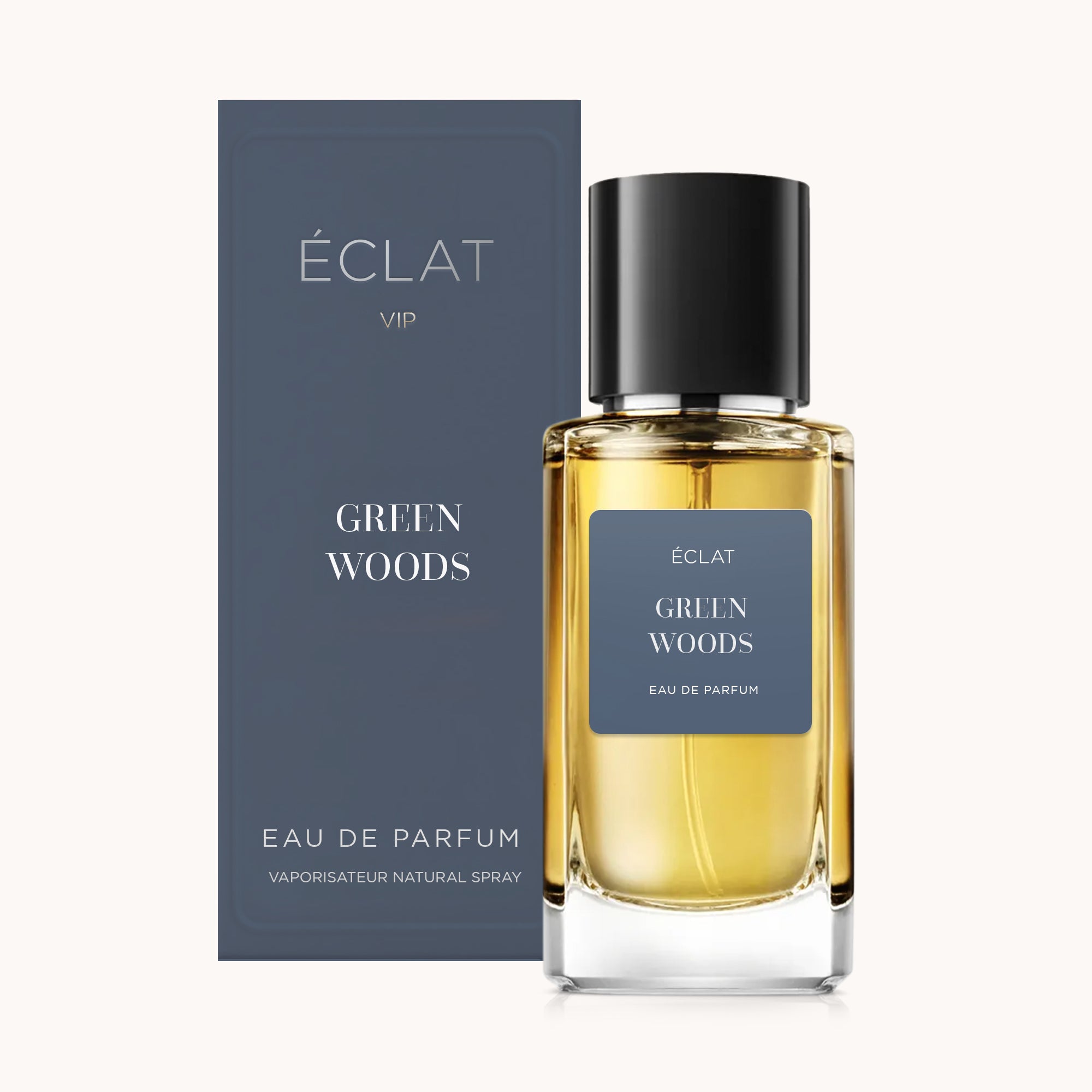 Elegante flacone in vetro di ÉCLAT Green Woods VIP con tappo nero elegante, accompagnato da una scatola grigio scuro sofisticata.