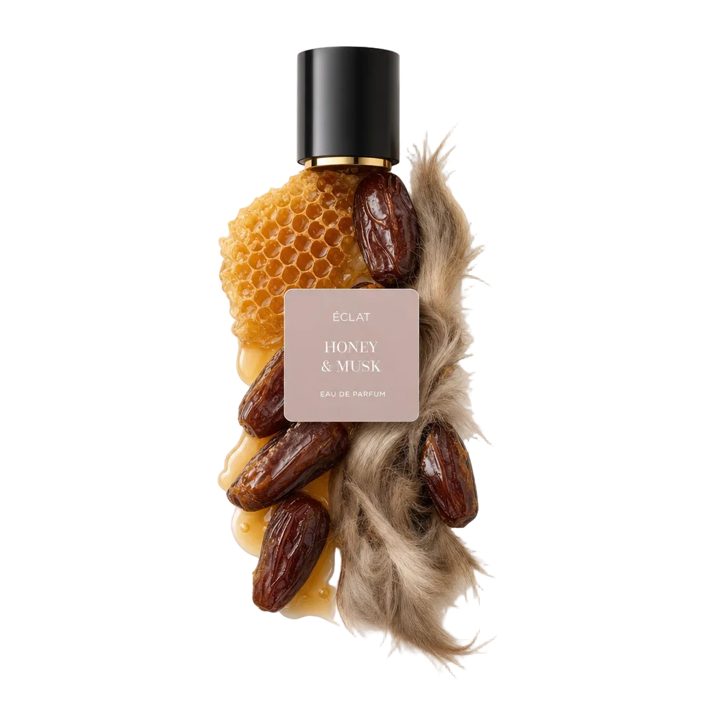 Una composizione di favo, datteri e pelliccia di muschio avvolge elegantemente il tappo nero originale con etichetta che riporta ÉCLAT Honey & Musk.
