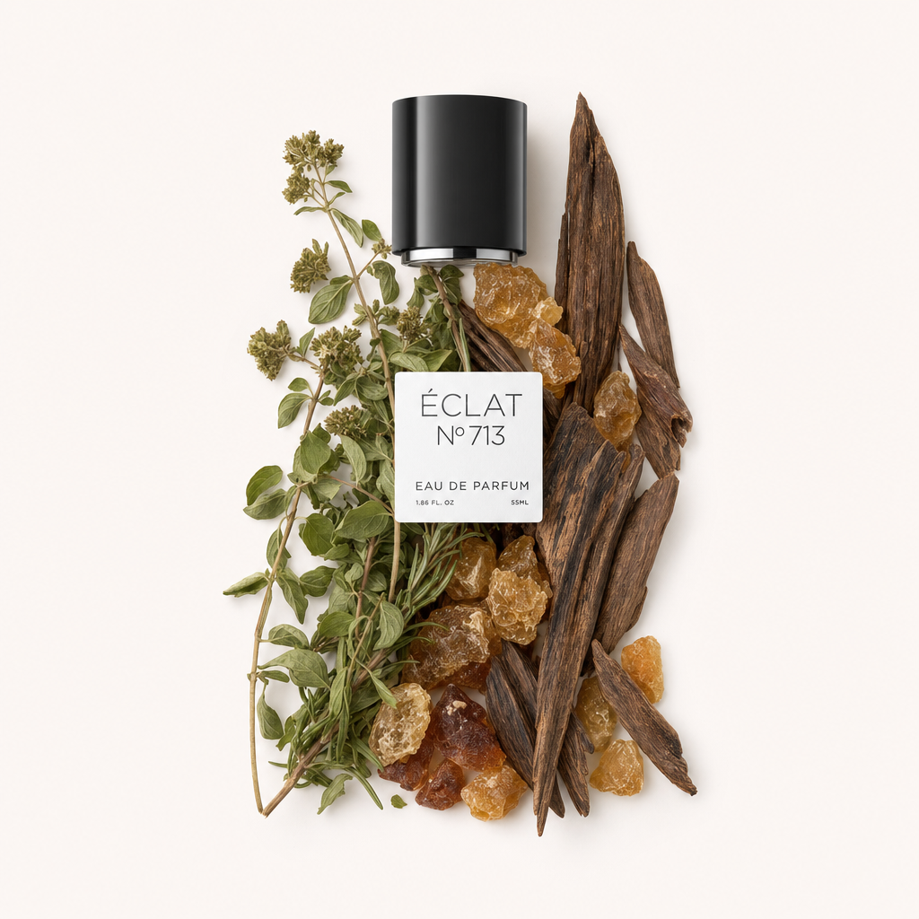 Un arrangiamento artistico di erbe verdi, cristalli di resina dorata e schegge di legno scuro circonda un tappo nero con etichetta ÉCLAT Incense & Oud.