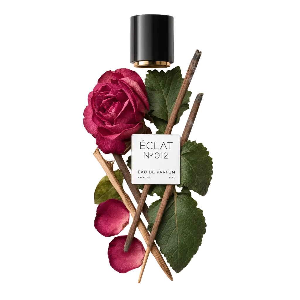 Un arrangiamento di bastoncini d'incenso, una rosa rossa vivace, petali e foglie rigogliose presenta le note di profumo di ÉCLAT VIP - Incense, Rose & Spices, con un tappo nero etichettato in alto.