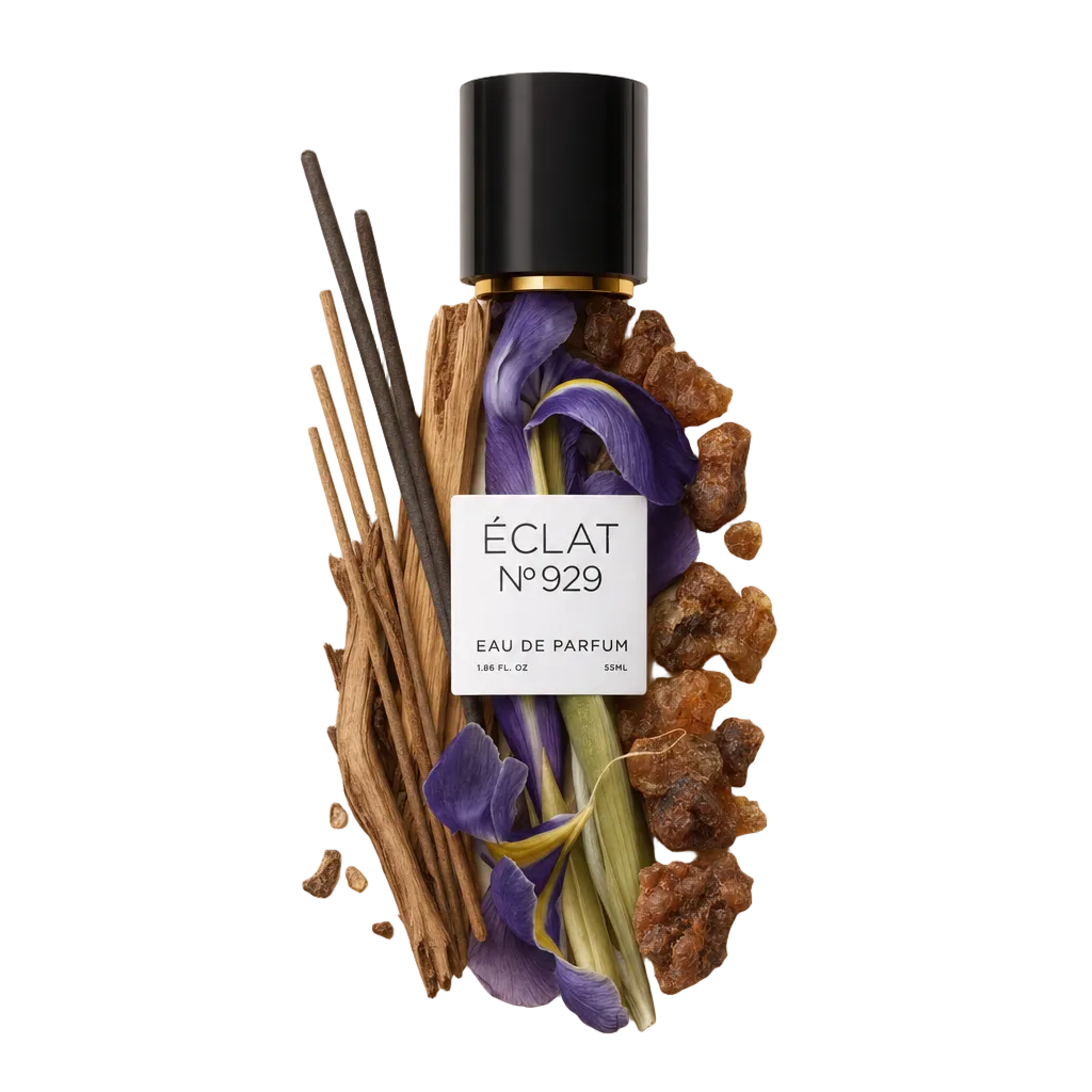 Un arrangiamento di bastoncini di incenso, fiori d'iris viola e resina d'ambra circonda un tappo nero con etichetta ÉCLAT Iris & Incense.