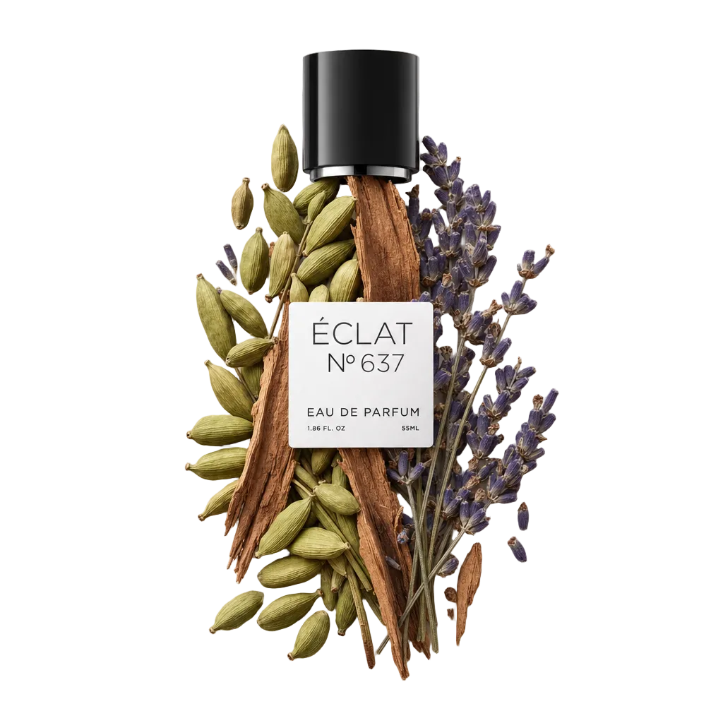 Un arrangiamento di rametti di lavanda fresca, baccelli di cardamomo e bastoncini di cannella circonda un tappo nero con etichetta ÉCLAT.