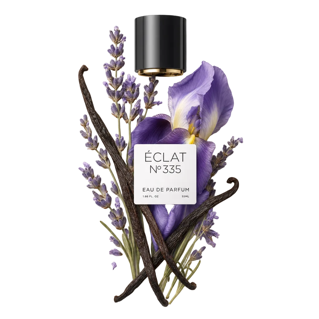 Un arrangiamento di rametti di lavanda, bacche di vaniglia e un fiore viola circonda un tappo nero con etichetta, rappresentando ÉCLAT Lavender & Vanilla.