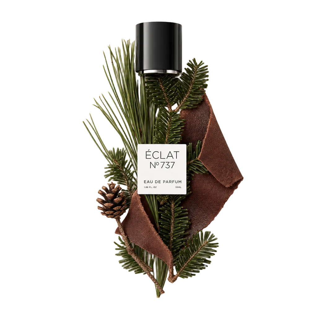 Un arrangiamento di aghi di abete balsamico, pigna e strisce di cuoio attorno a un tappo nero con etichetta di ÉCLAT Leathery Balsam Fir.
