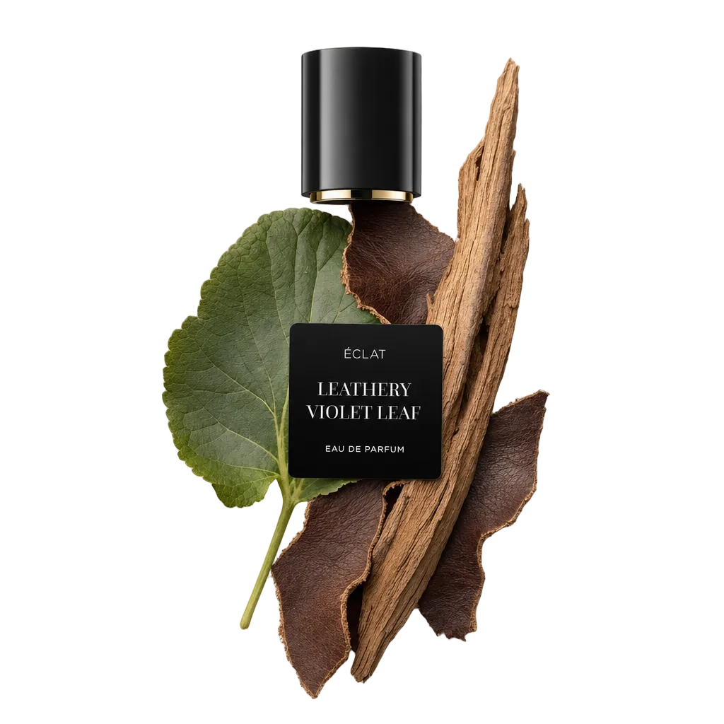 Una composizione di foglia di viola verde, cuoio scuro e legno marrone con un tappo nero etichettato ÉCLAT Leathery Violet Leaf.
