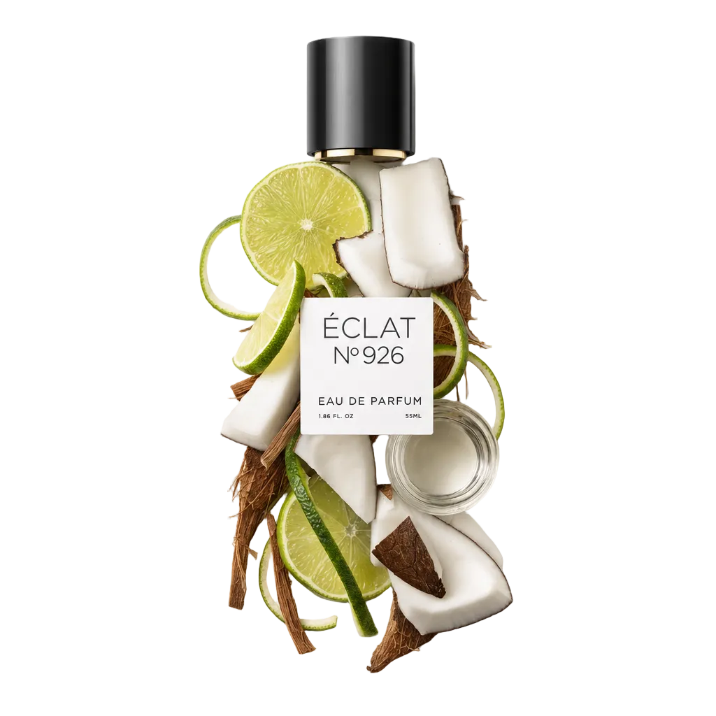 Un arrangiamento di fette di lime e pezzi di cocco circonda un tappo nero etichettato ÉCLAT Lime & Coconut.