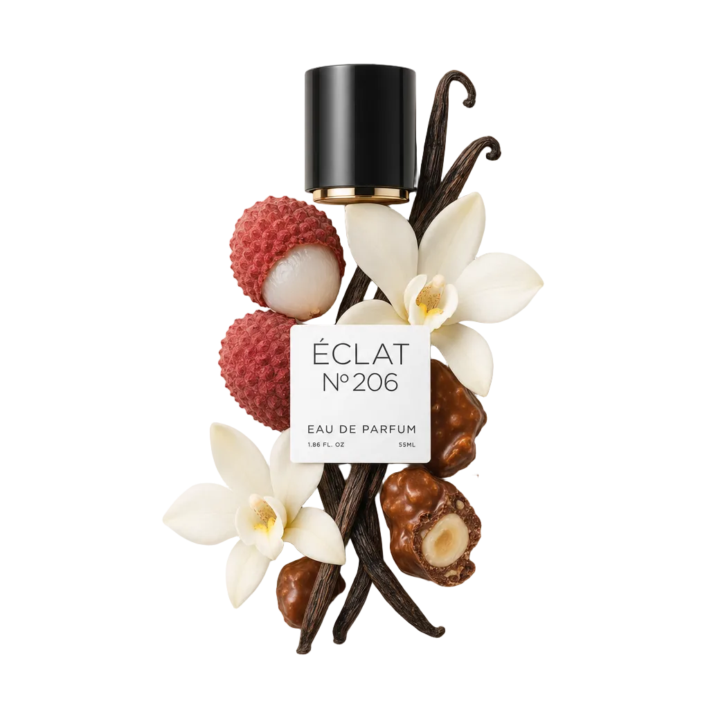 Un arrangiamento di litchi, fiori di vaniglia e pralinato circonda il tappo nero di ÉCLAT Lychee & Praline, con etichetta.