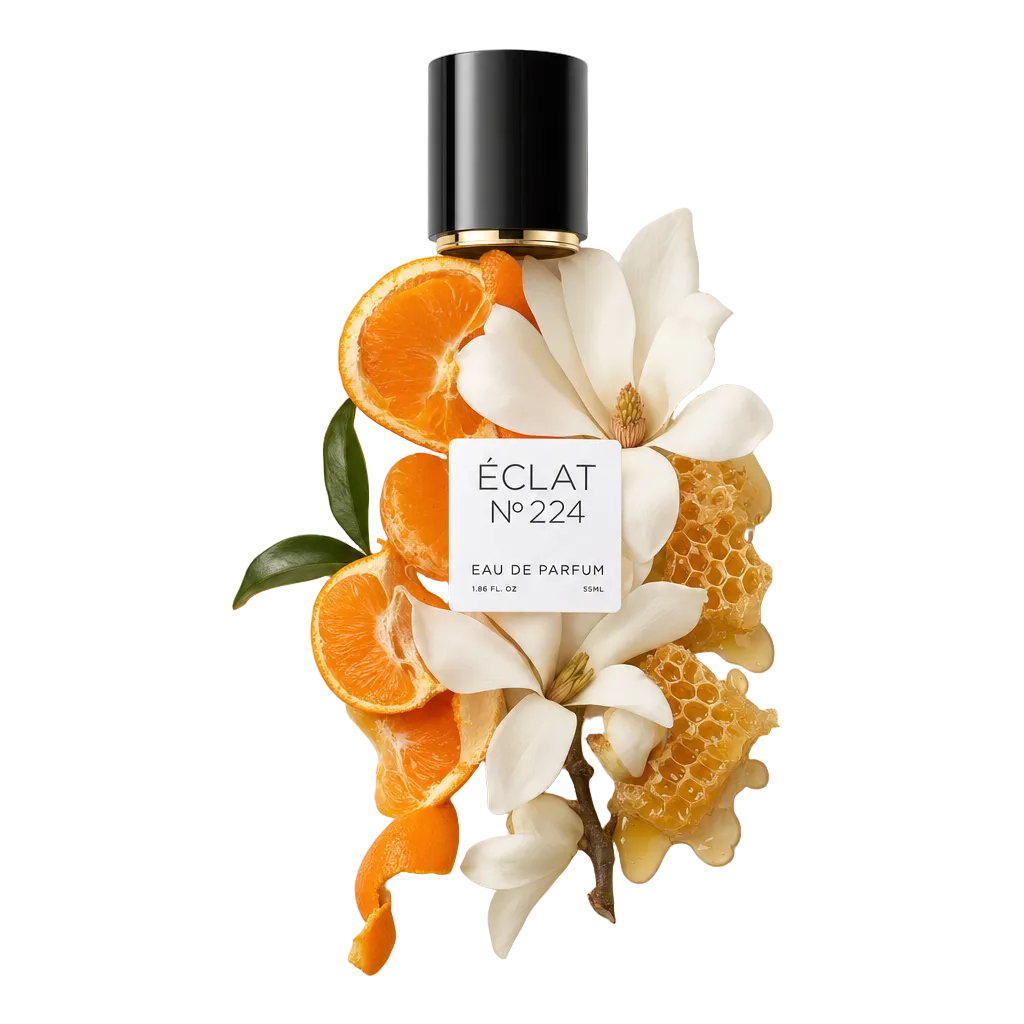 Un arrangiamento di fiori di magnolia, favo e fette d'arancia circonda un tappo nero con etichetta di ÉCLAT Magnolia & Honey.