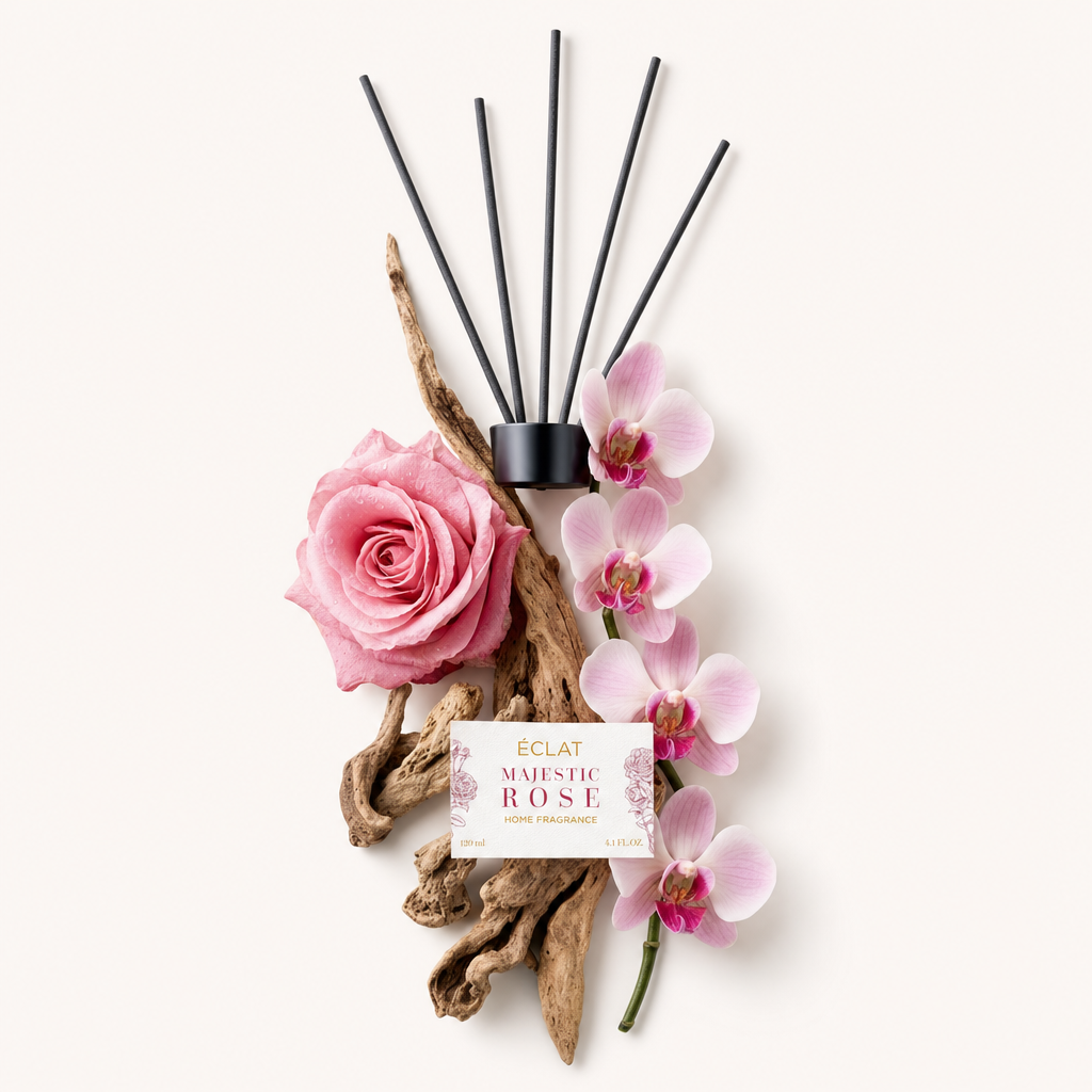 Un arrangiamento con una rosa rosa, orchidee rosa, legno di deriva e un tappo nero con etichetta per ÉCLAT Majestic Rose Room Fragrance Sticks.