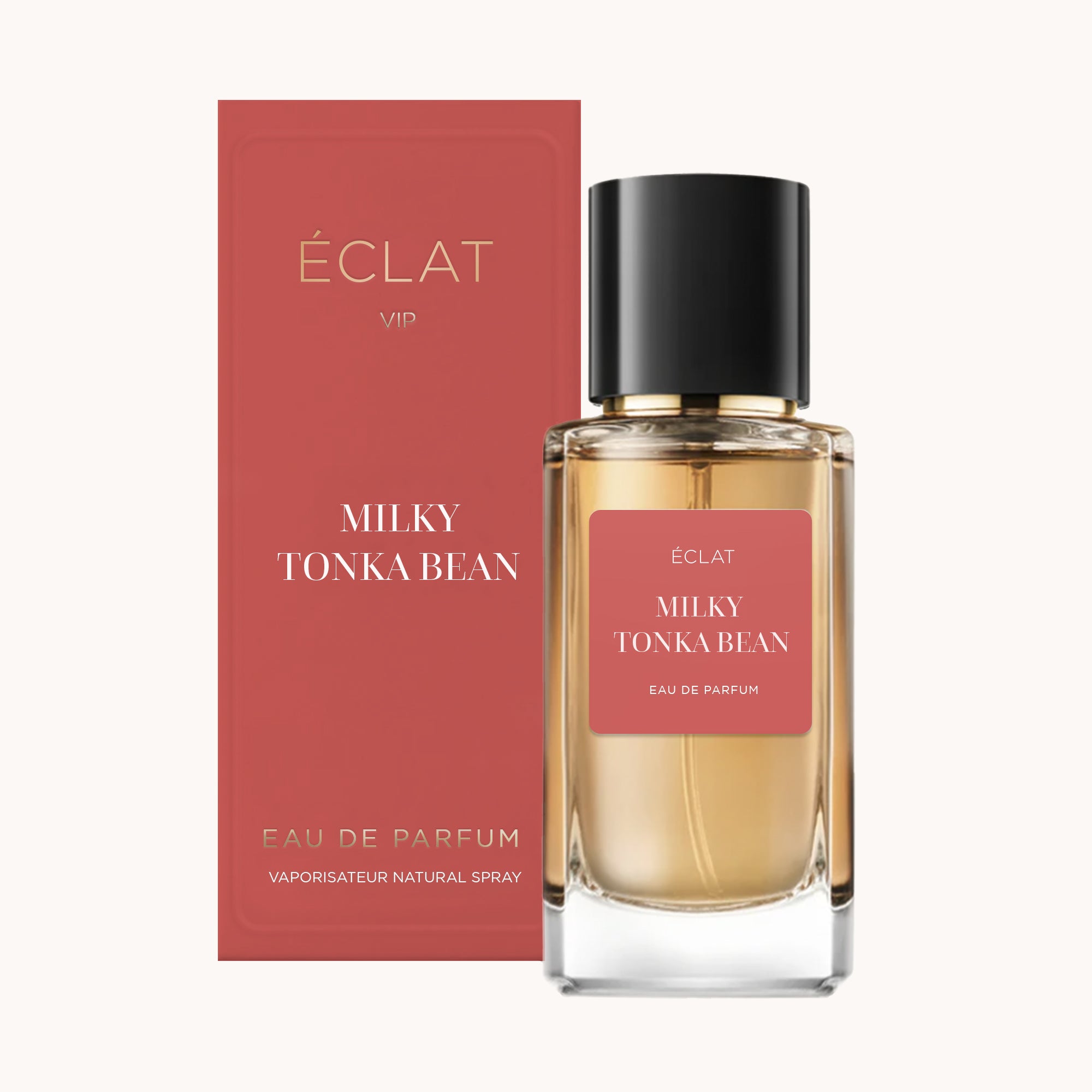 ÉCLAT Milky Tonka Bean VIP in un flacone di vetro sfaccettato con tappo nero, accompagnato da una confezione rossa.