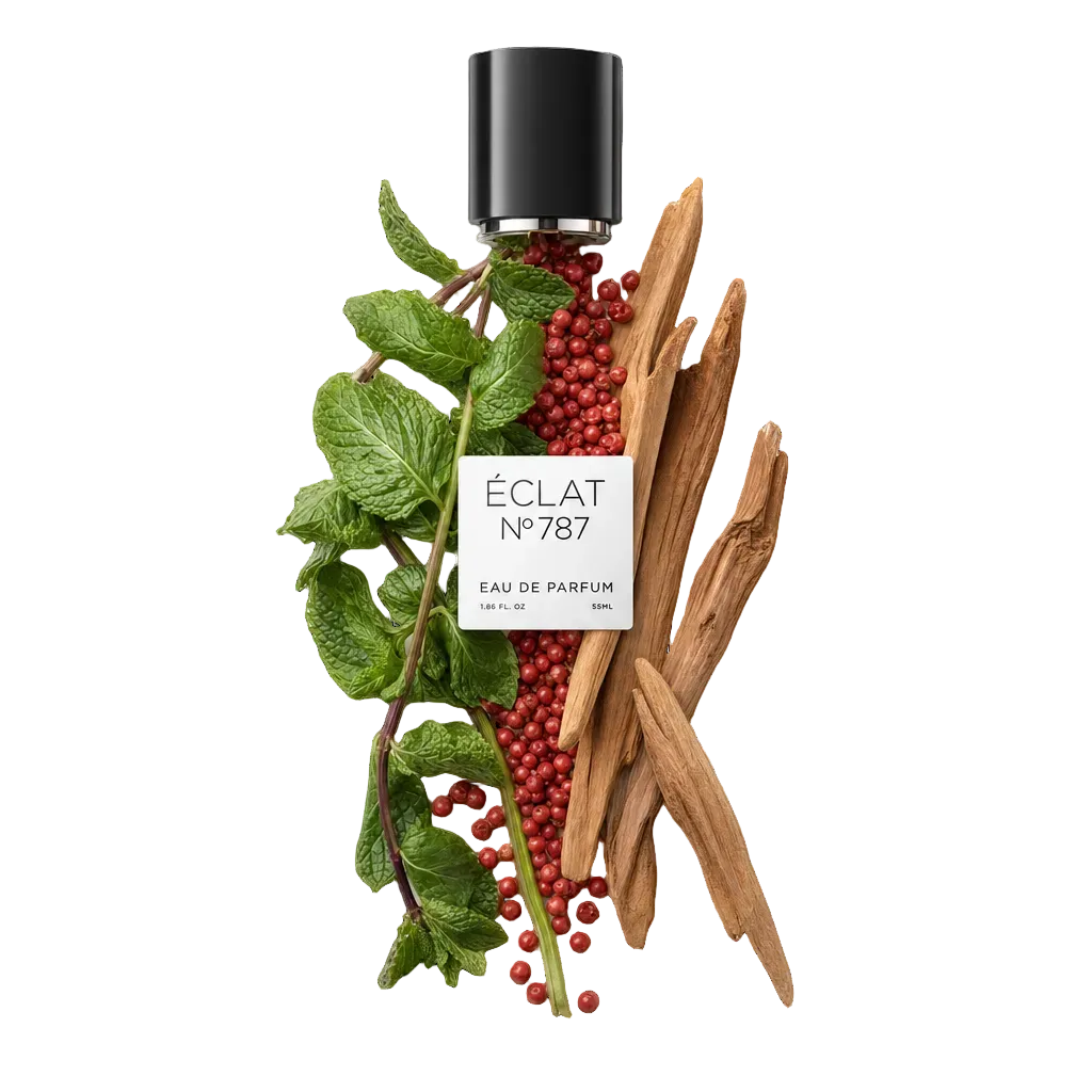 Una selezione di foglie di menta fresca, bacche rosse e bastoncini di legno disposti accanto a un tappo nero con etichetta ÉCLAT.