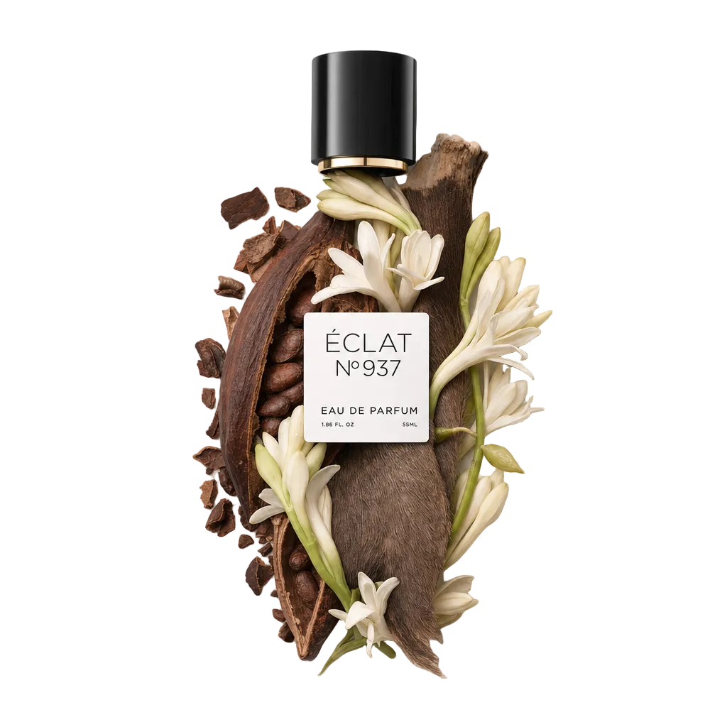 Una composizione di baccelli di cacao, fiori bianchi e un materiale marrone strutturato circonda il tappo nero con un'etichetta di ÉCLAT Musky Dark Chocolate.