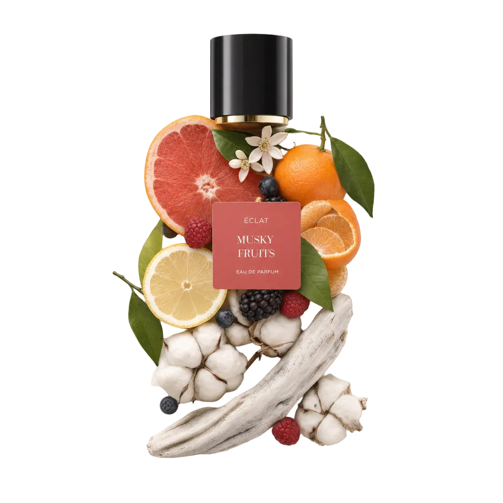 Una composizione di frutti e fiori con fette di agrumi, bacche e un ramo di cotone, intorno a un tappo nero con etichetta ÉCLAT Musky Fruits.