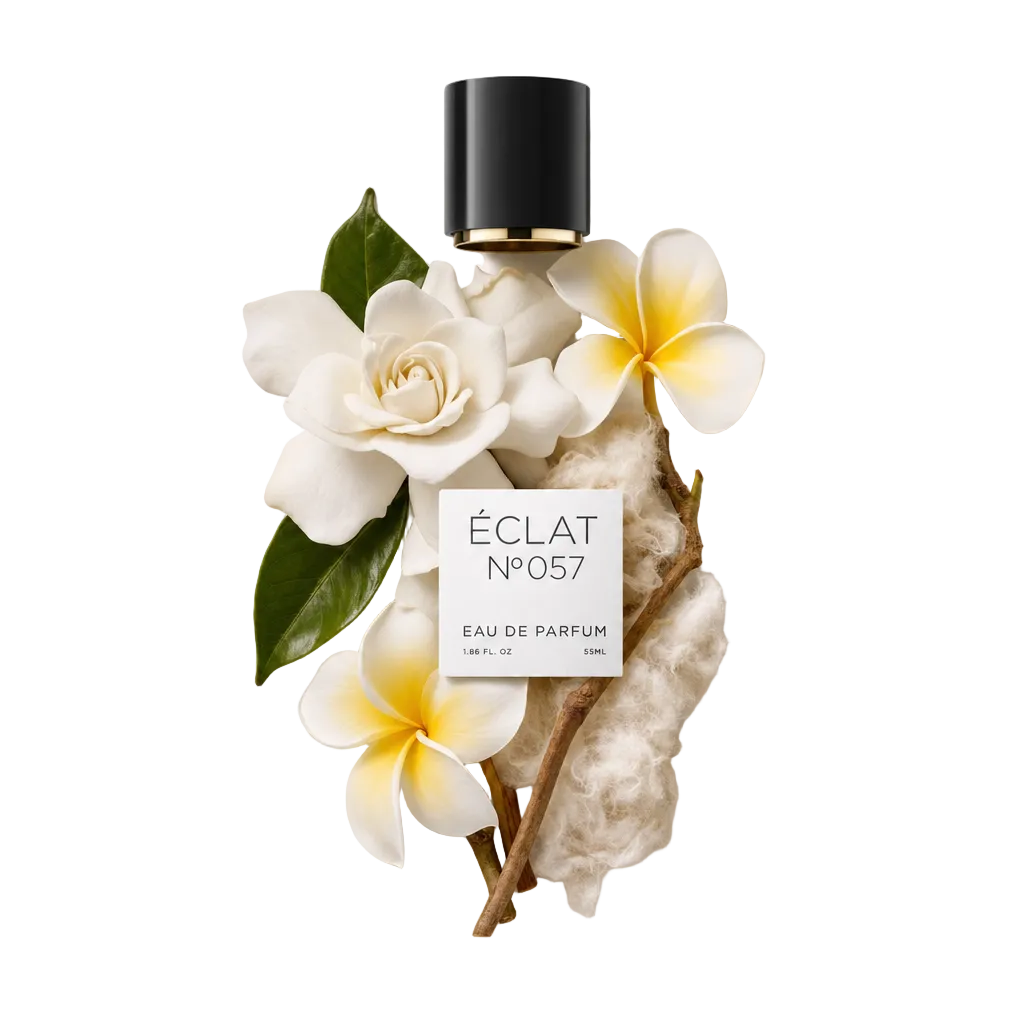 Una natura morta con gli ingredienti di ÉCLAT Musky Gardenia: fiori di gardenia e frangipani, foglie e un ramo legnoso disposti attorno a un tappo nero con etichetta.