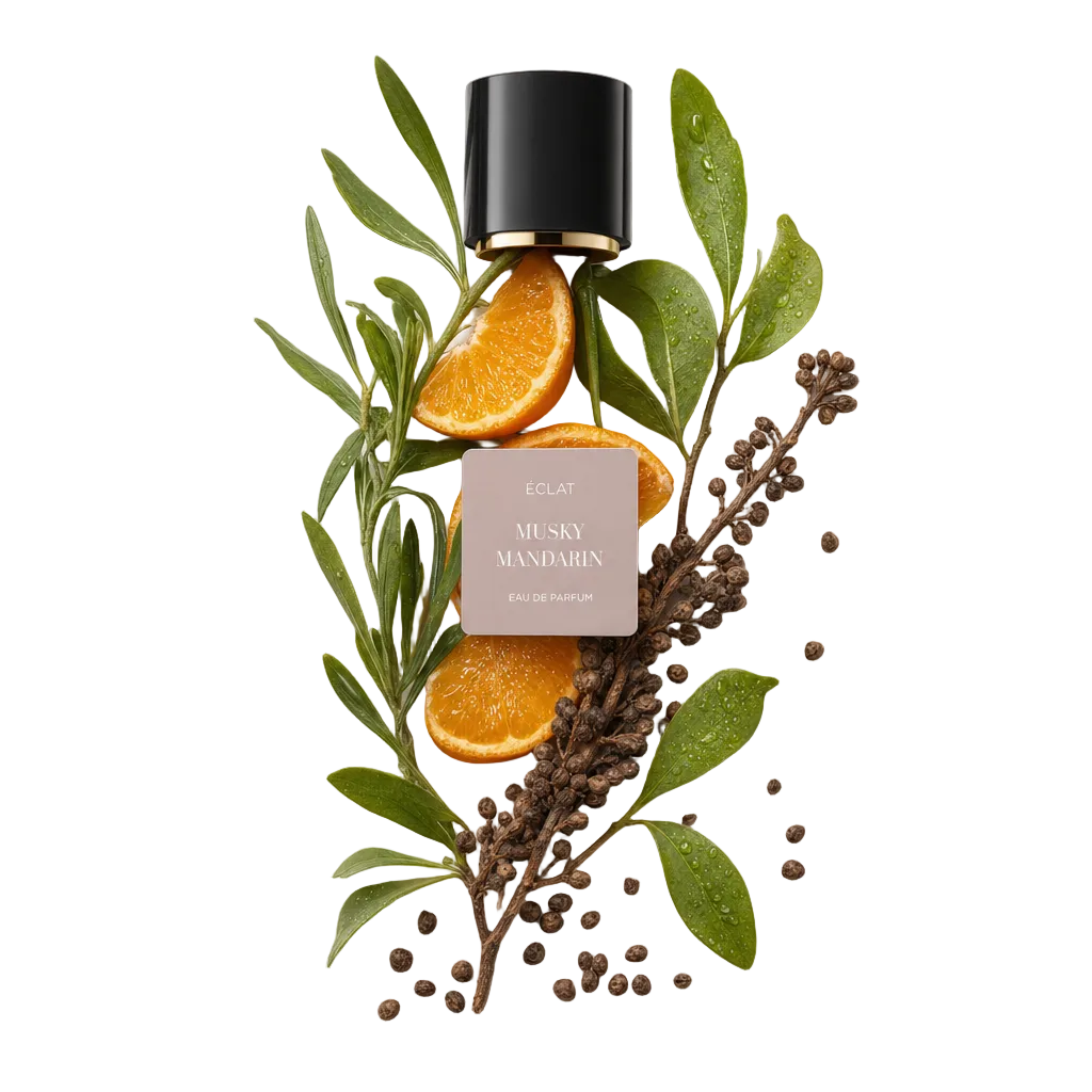 Composizione di fette di mandarino, foglie verdi e spezie essiccate disposte intorno al tappo nero originale ÉCLAT con etichetta.