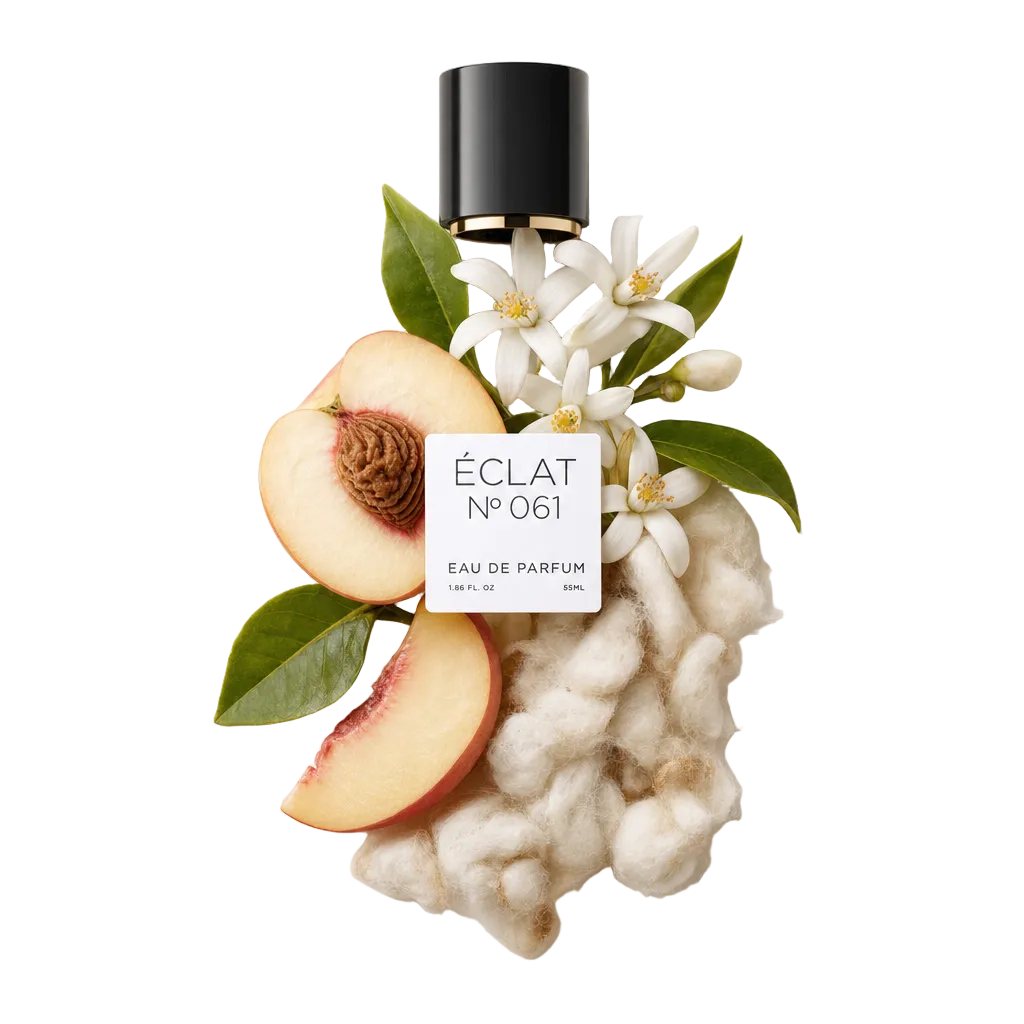 Una composizione di fette di pesca, fiori bianchi e cotone con un tappo nero etichettato ÉCLAT Musky Peach.