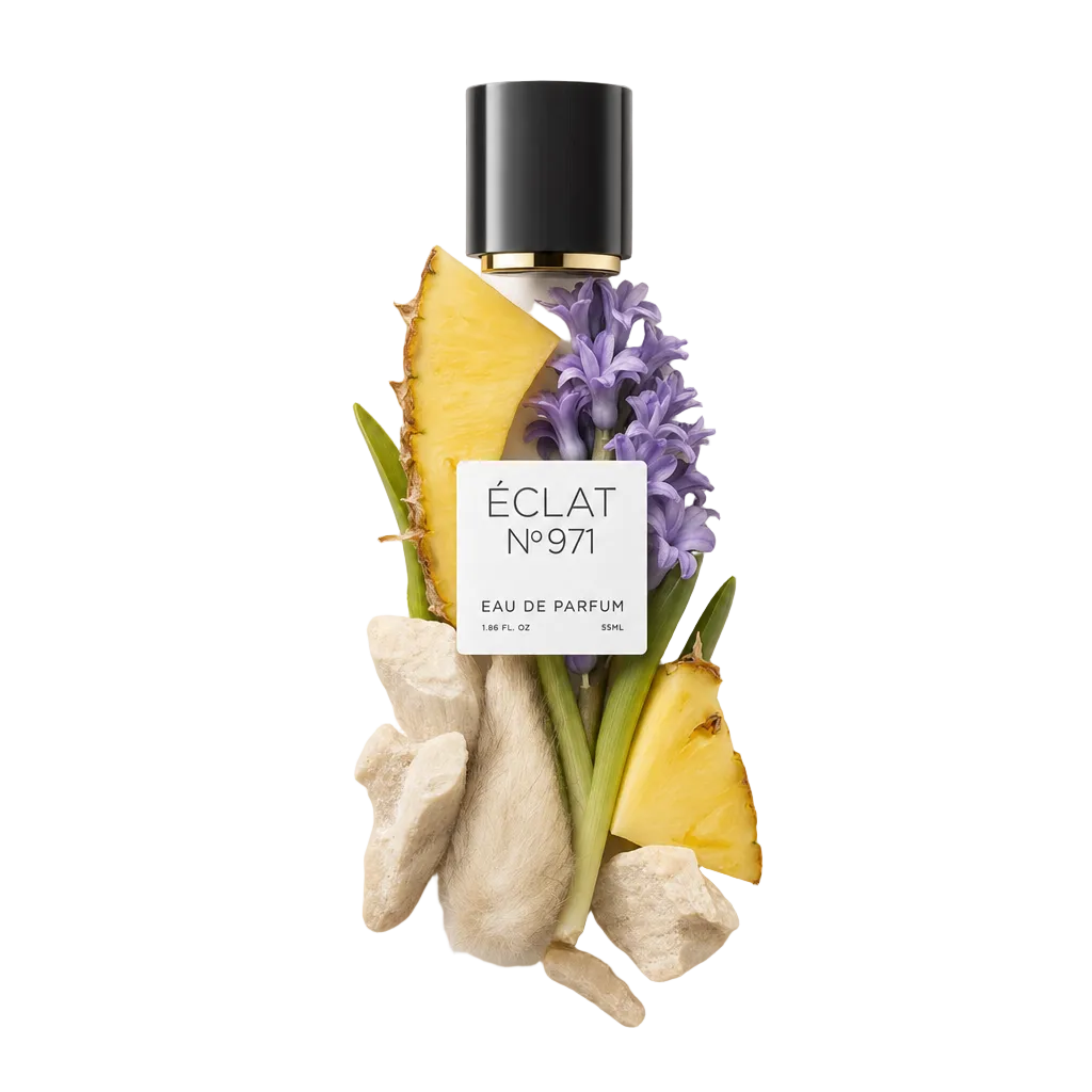 Una composizione di fette di ananas, giacinto viola e radici terrose circonda un tappo nero con etichetta ÉCLAT Musky Pineapple.