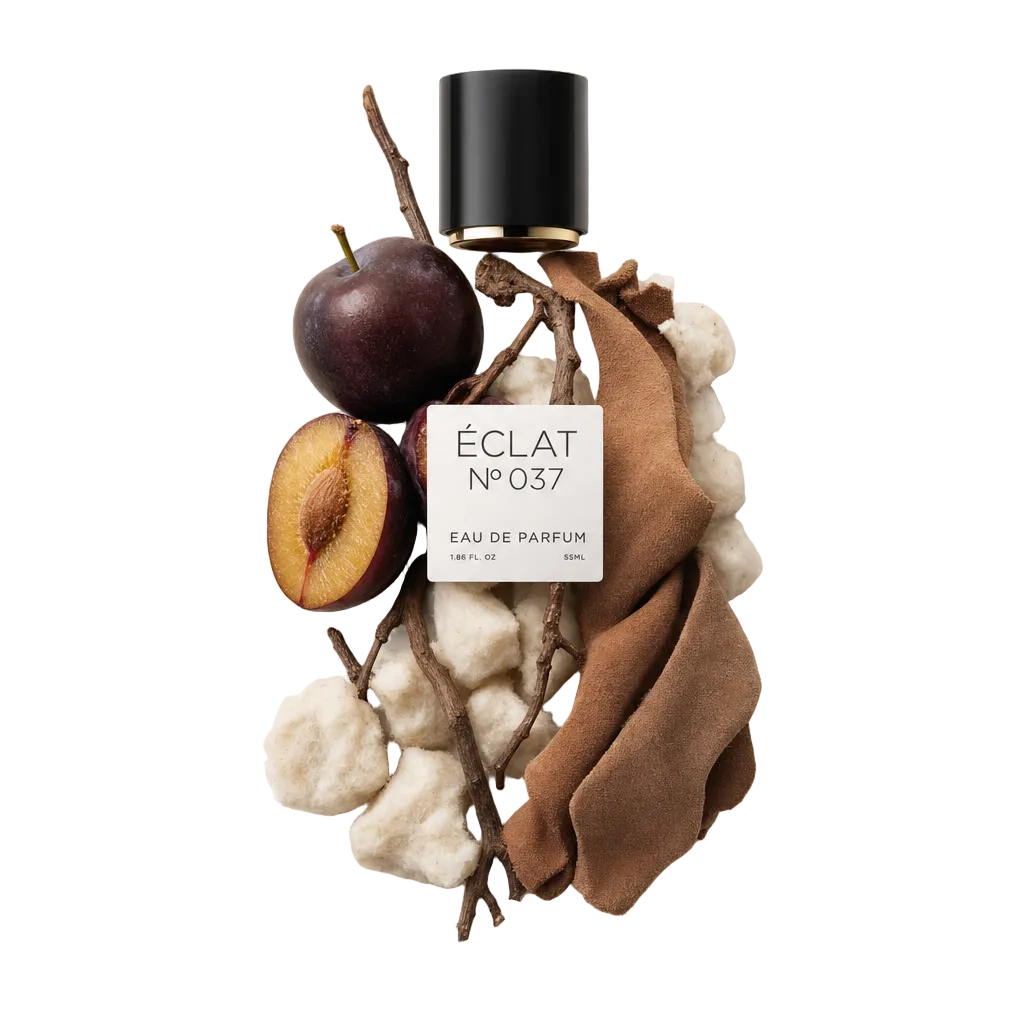 Una composizione di una prugna intera, mezza prugna, rami marroni, sfere di cotone bianche e un tessuto marrone morbido circonda un tappo nero con un'etichetta per ÉCLAT Musky Plum.