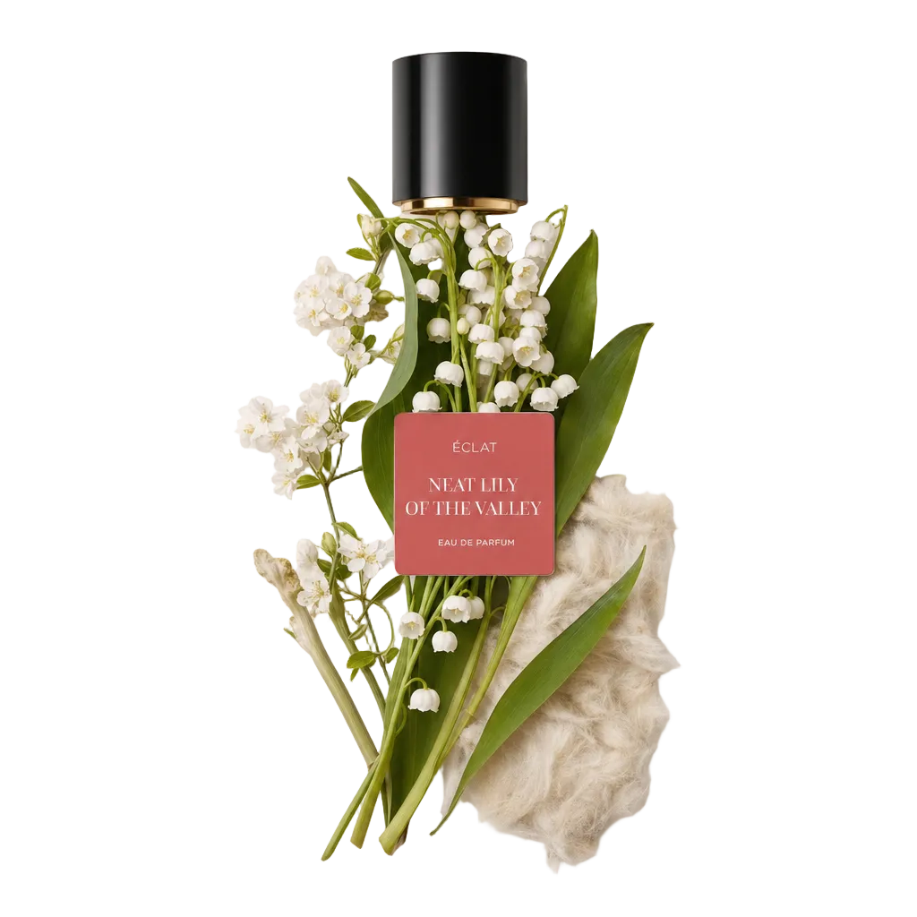 Un arrangiamento di mughetti e foglie con un tappo nero che presenta l'etichetta ÉCLAT Neat Lily of the Valley, su sfondo dalla texture morbida.