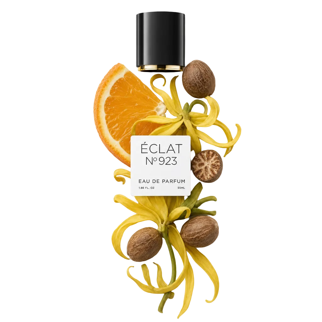 Una composizione di noce moscata, fiori di ylang-ylang e una fetta d'arancia circonda l'etichetta ÉCLAT e un tappo nero con anello dorato.