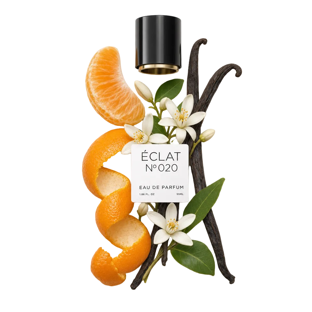Un tappo nero con etichetta si trova sopra una composizione di fette d'arancia, baccelli di vaniglia e delicati fiori bianchi con foglie verdi, che rappresentano ÉCLAT Orange Blossom & Vanilla.