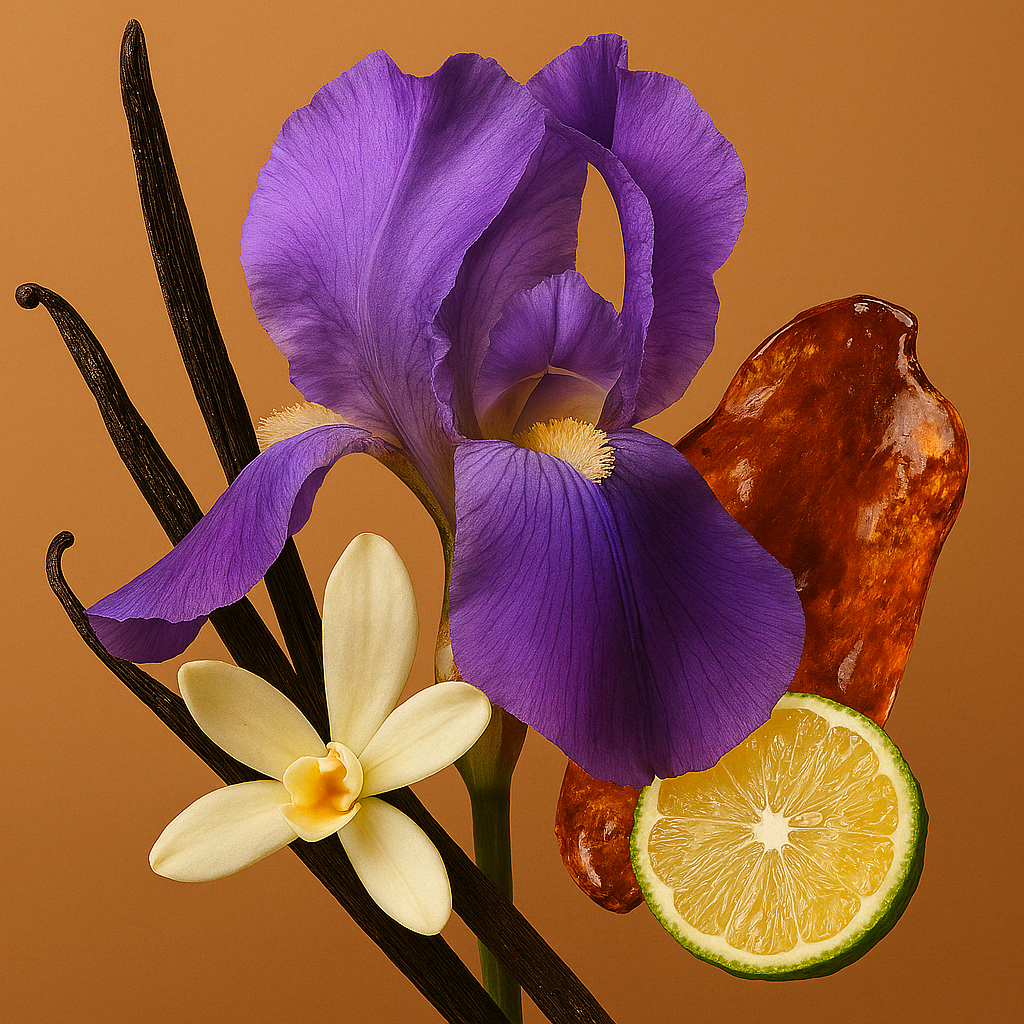 ÉCLAT Oriental Bergamot illustrato con un'iris viola vibrante, fiori di vaniglia, baccelli di vaniglia, resina ambrata e una fetta di lime.