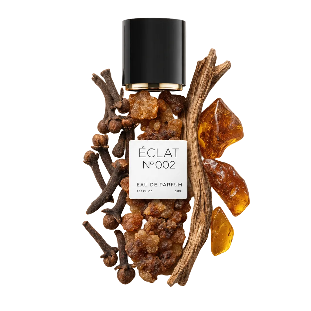 Un arrangiamento di chiodi di garofano, resina di mirra e pezzi di ambra circonda un tappo nero con etichetta ÉCLAT Oriental Myrrh.
