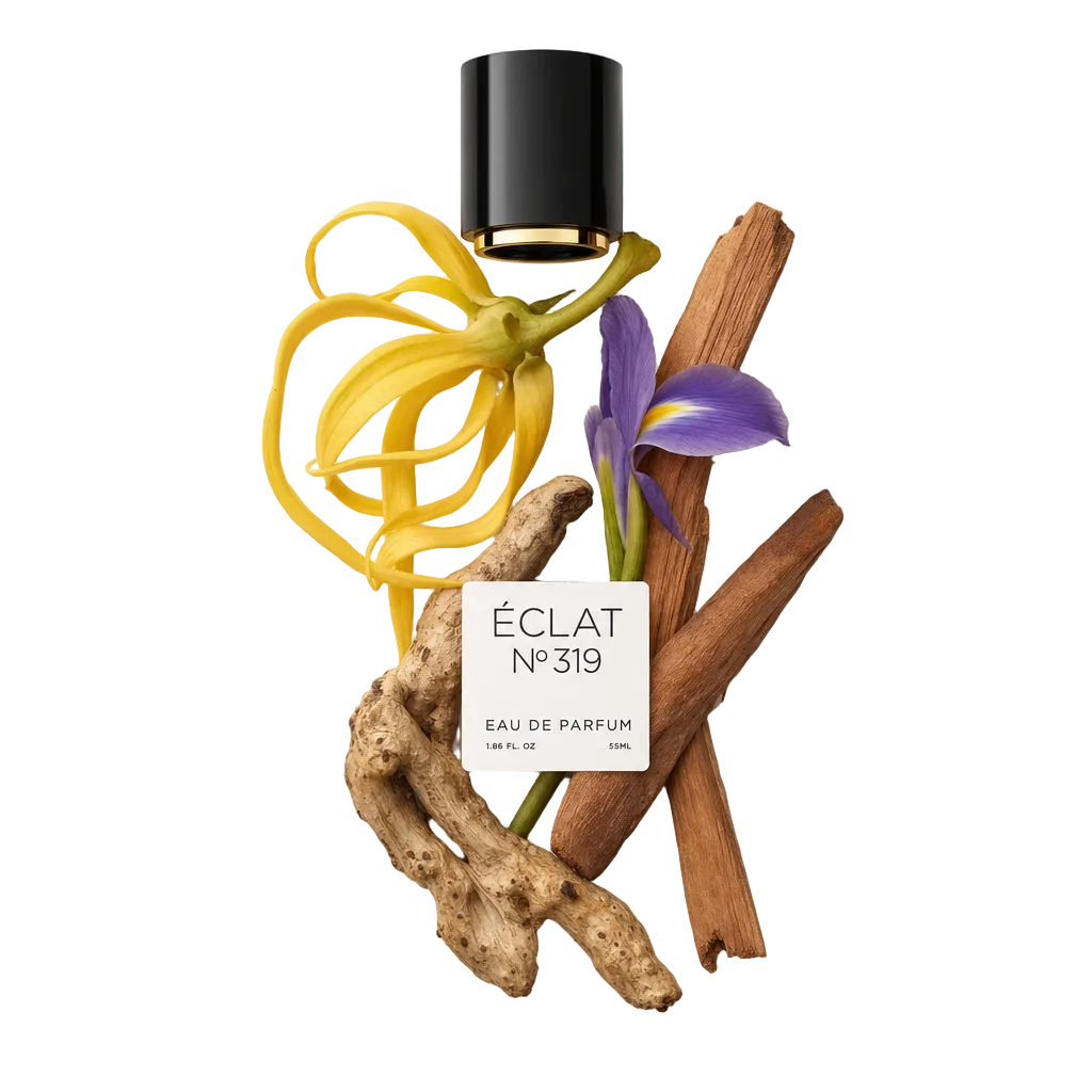 Una composizione di petali di ylang-ylang, un'iris viola, bastoncini di sandalo e radice, con un tappo nero etichettato ÉCLAT Oriental Sandalwood.