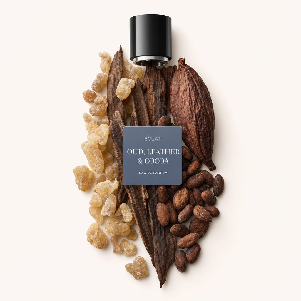 Un arrangiamento di legno di oud grezzo, fave di cacao in un baccello e pezzi di pelle secca attorno a un tappo nero con l'etichetta ÉCLAT Oud, Leather & Cocoa.