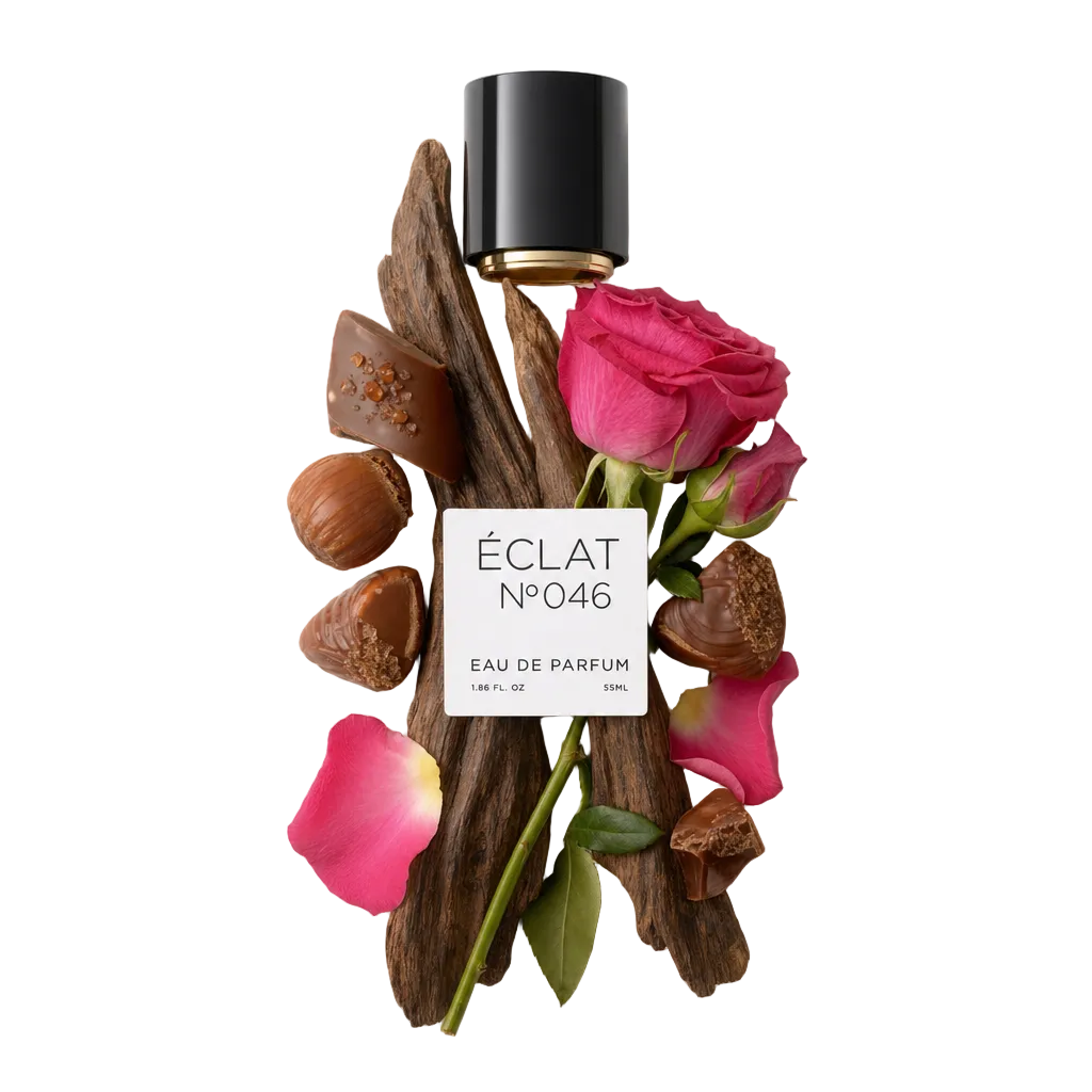 Un arrangiamento di legno di oud, praline e rose, con il tappo nero evidenziato dall'etichetta ÉCLAT.