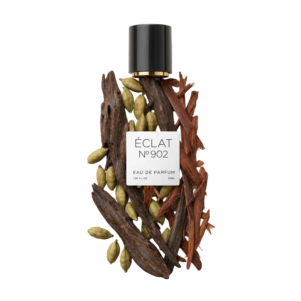 Una composizione di palissandro e cardamomo circonda un tappo nero con etichetta, rappresentando ÉCLAT VIP - Oud & Rosewood.