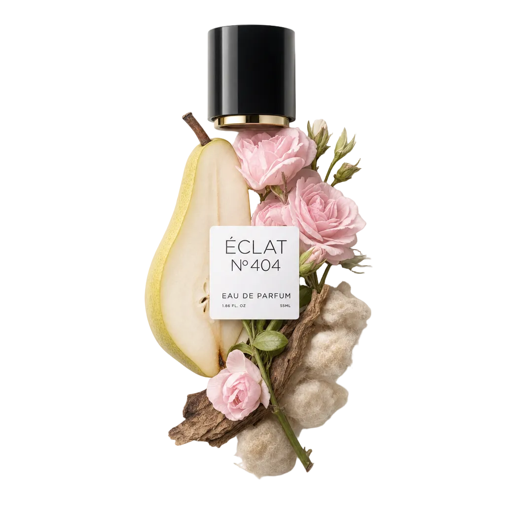 Una composizione con una pera dimezzata, delicate rose rosa, legno rustico e morbide lanugini di cotone intorno a un tappo nero ÉCLAT con etichetta.