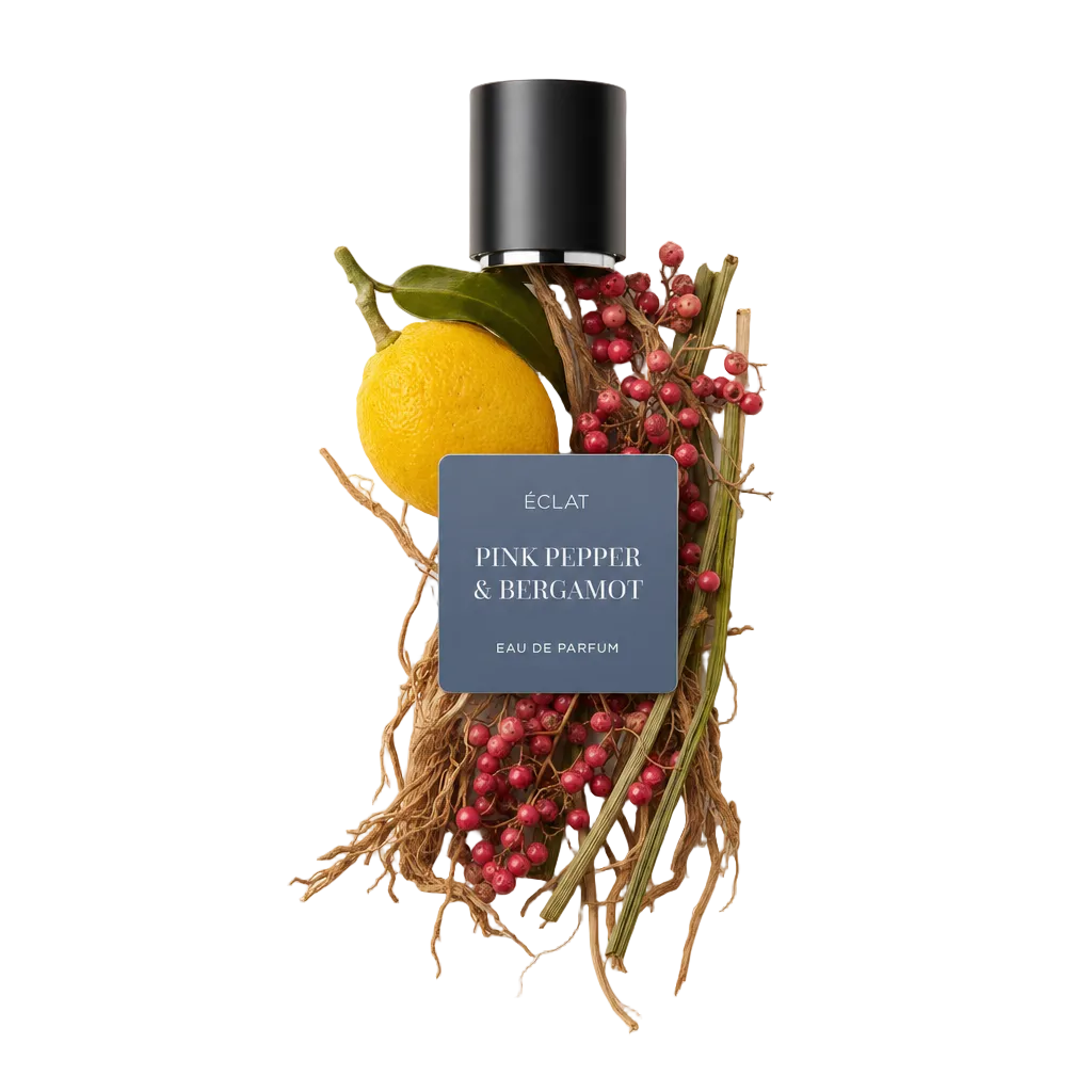 Un arrangiamento di bacche di pepe rosa, un bergamotto giallo e erba secca circonda un tappo nero con etichetta ÉCLAT Pink Pepper & Bergamot.
