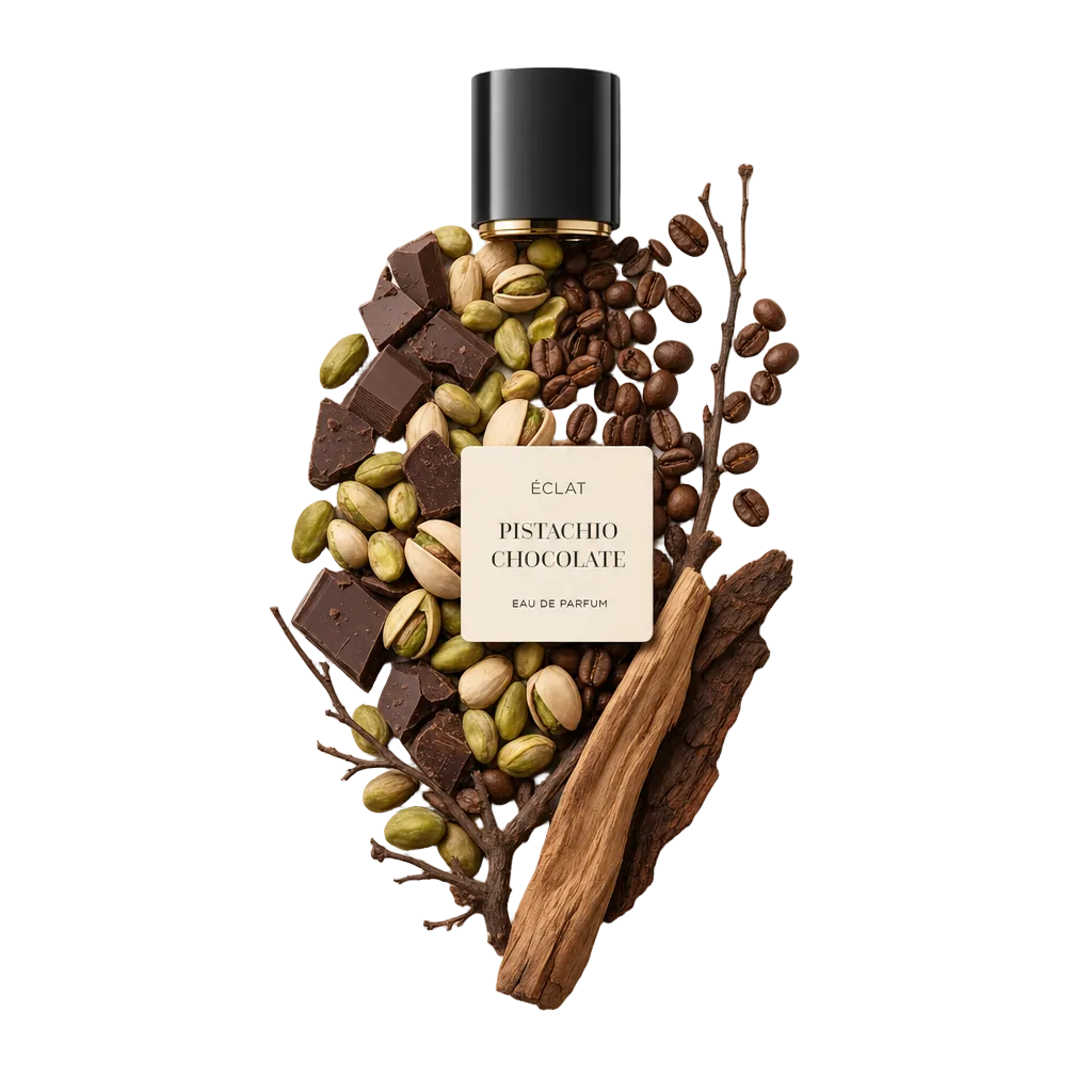 Un arrangiamento di pezzi di cioccolato, pistacchi, chicchi di caffè e legno, con un tappo nero e l'etichetta di ÉCLAT Pistachio Chocolate in cima.