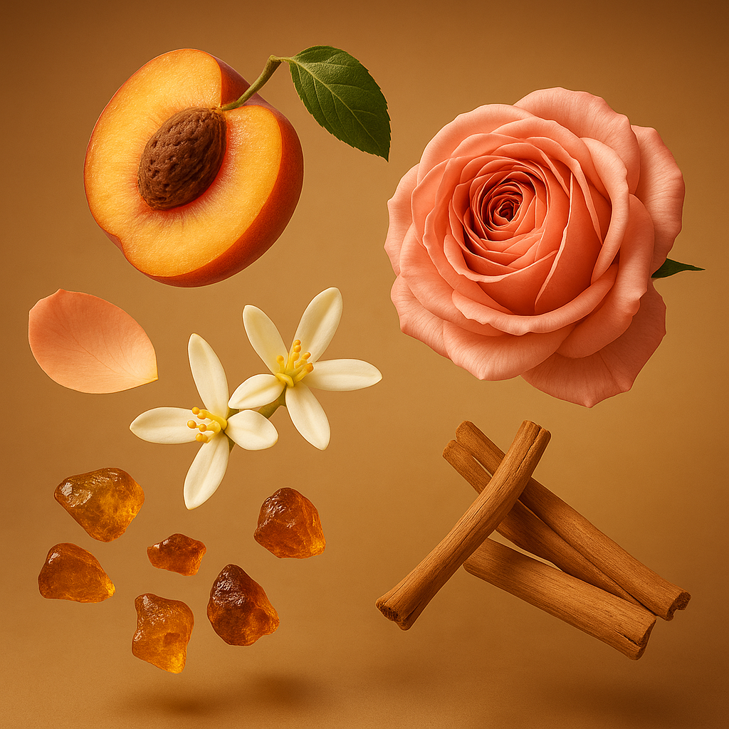 Composizione di ÉCLAT Powdery Apricot con albicocca, rosa, bastoncini di cannella, fiori e pezzi di ambra su sfondo oro caldo.