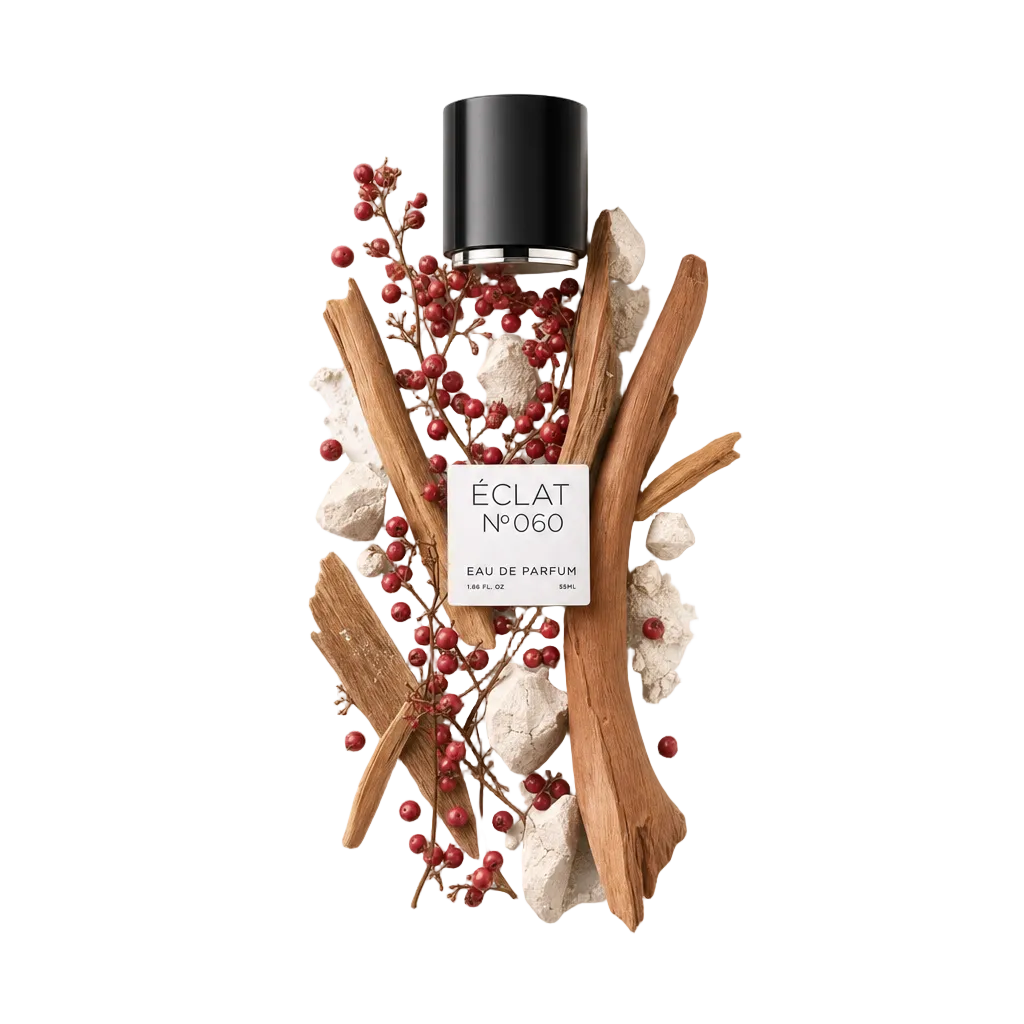 Un arrangiamento di bacche rosse e foglie di alloro insieme a frammenti di pietra testurizzata circonda un tappo nero con etichetta ÉCLAT Powdery Laurel Leaf.
