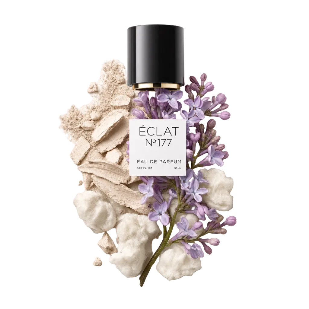 Una composizione di fiori di lillà dai delicati toni viola, circondata da soffice cotone bianco e frammenti di polvere beige. In alto si trova un tappo nero con bordo dorato ed etichetta ÉCLAT.