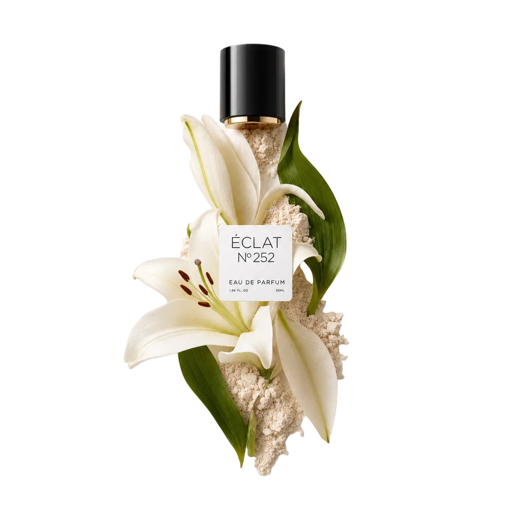 Una composizione di petali di giglio bianco, foglie verdi e una spolverata di polvere circonda il tappo nero originale con l'etichetta ÉCLAT Powdery Lily.