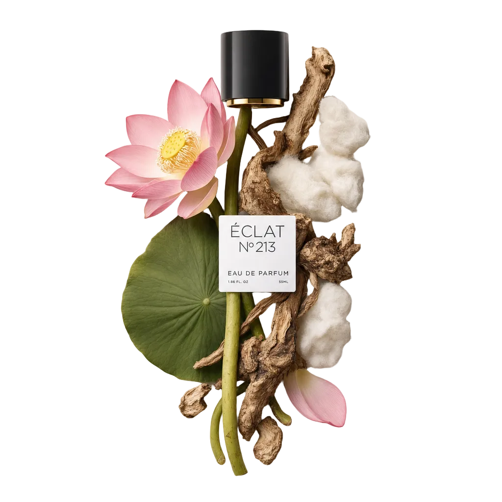 Un arrangiamento di fiore di loto rosa, foglia verde, texture di legno e cotone, accompagnato da un tappo nero con etichetta ÉCLAT Powdery Lotus.