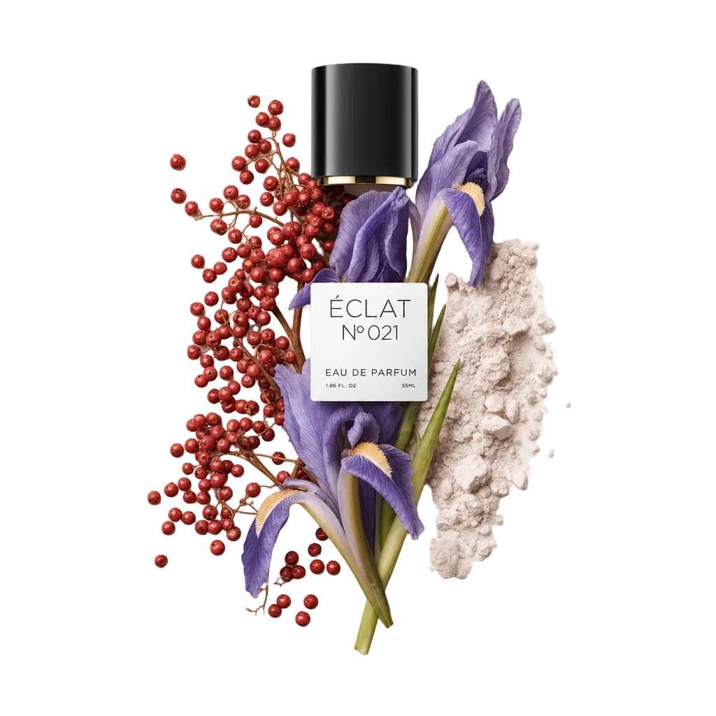 Una composizione di vivaci fiori viola, pepe rosa e delicata polvere con un tappo nero che mostra l'etichetta ÉCLAT Purple Flowers & Powder.
