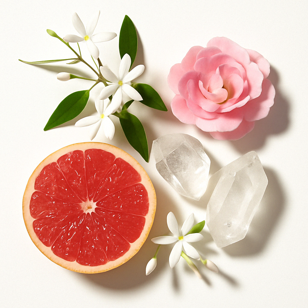 Un pompelmo a metà, fiori bianchi, rosa rosa e cristalli traslucidi artisticamente disposti su uno sfondo chiaro.
